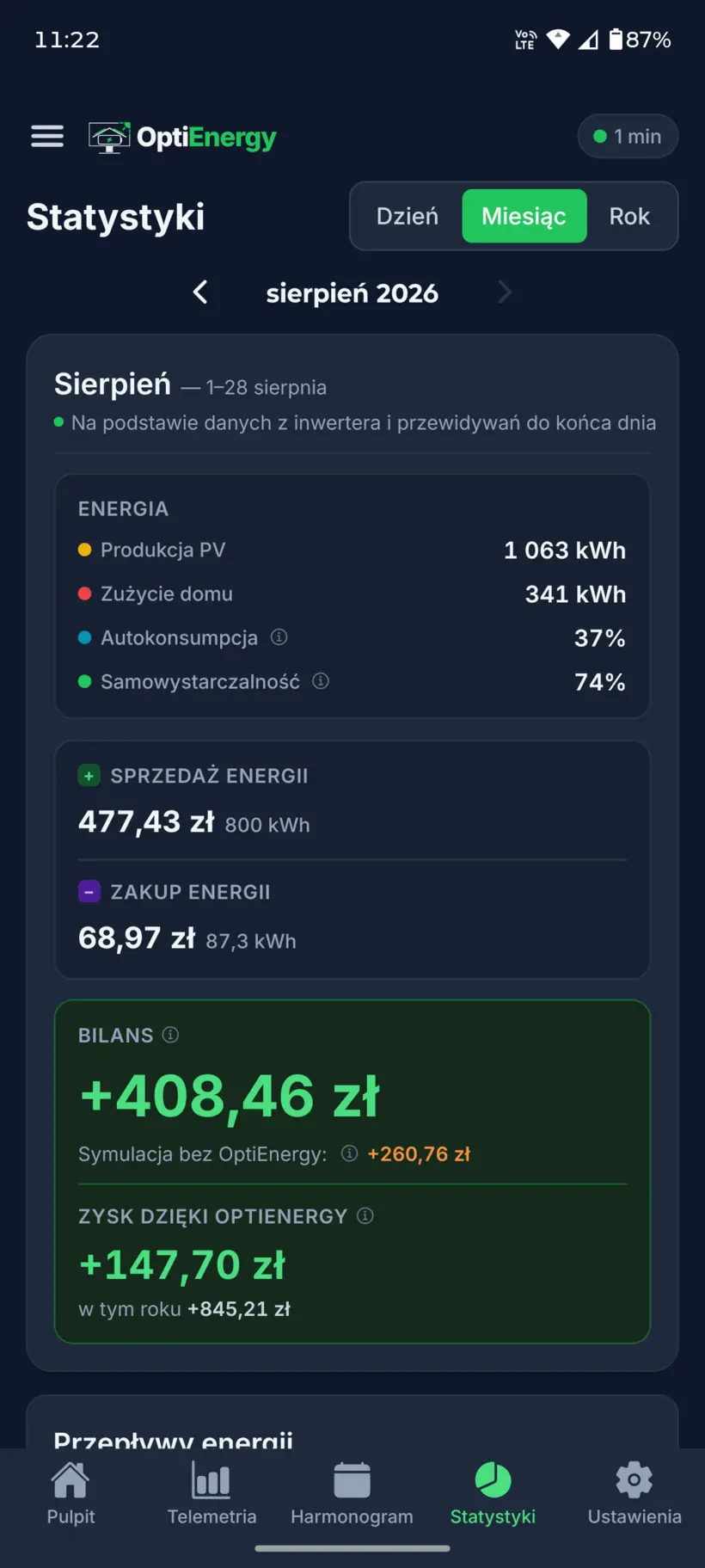 Aplikacja OptiEnergy — Statystyki, motyw ciemny